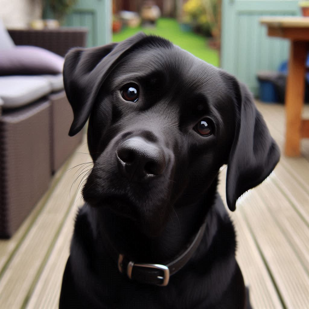 Ein schwarzer Hund sitzt auf einem Holzdeck und schaut fragend.