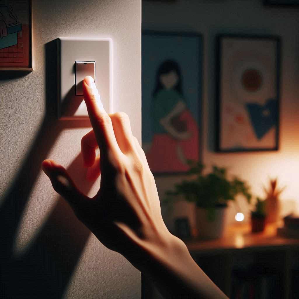 Eine Person berührt einen Lichtschalter in einem Raum.