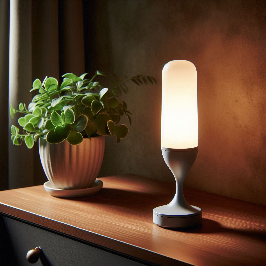 Eine Lampe auf einem Tisch neben einer Pflanze.